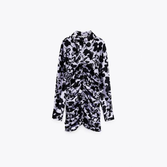 NWT Zara black & lilac floral print satin effect ruched dress, L - Picture 12 of 16